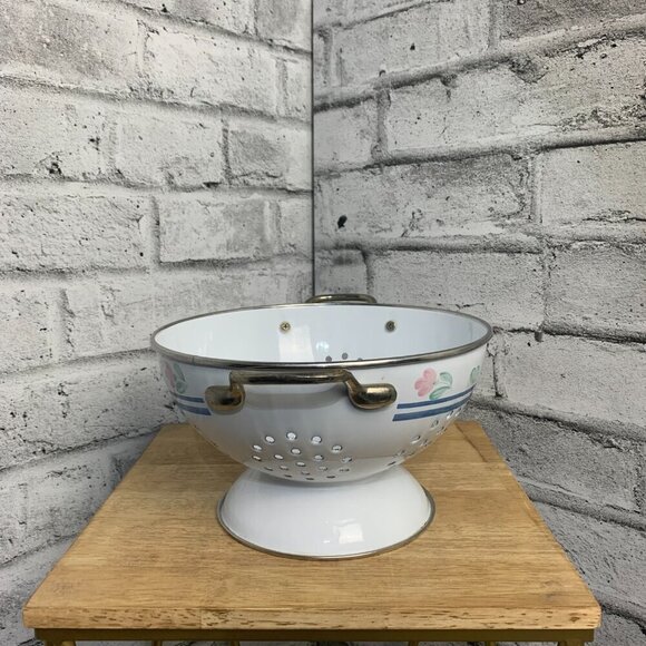 Vintage Strainer Colander Metal Enamel Floral Print 80s Cottagecore Kitchen - Picture 3 of 9